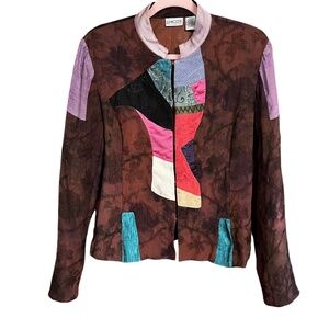 VTG Chico's Brown Embroidered Mixed Media Silk Blend Boho Blazer Jacket SZ 2=L